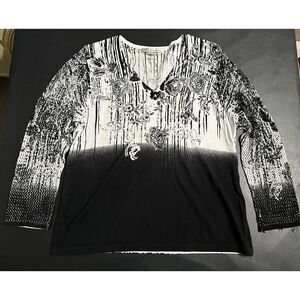 Peter Nygard Black & White Floral Embellished Knit Long Sleeve‎ V-neck Sweater L